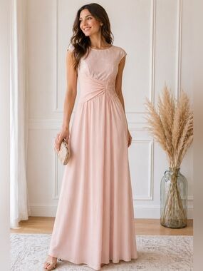 Sangria Pale Pink Blush‎ Cap Sleeve Bodice Beaded Maxi Floor Length Dress